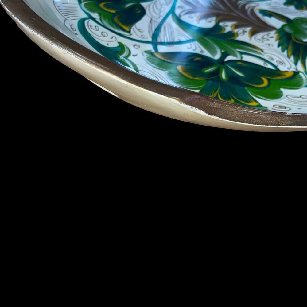 Vintage Birds of Paradise Painted Large Wooden Handled Tray Greens/Gold - Picture 2 of 6